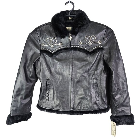Womens Cripple Creek Studded Black Leather Jacket with Faux Fur Full Zip Size L - Picture 1 of 12